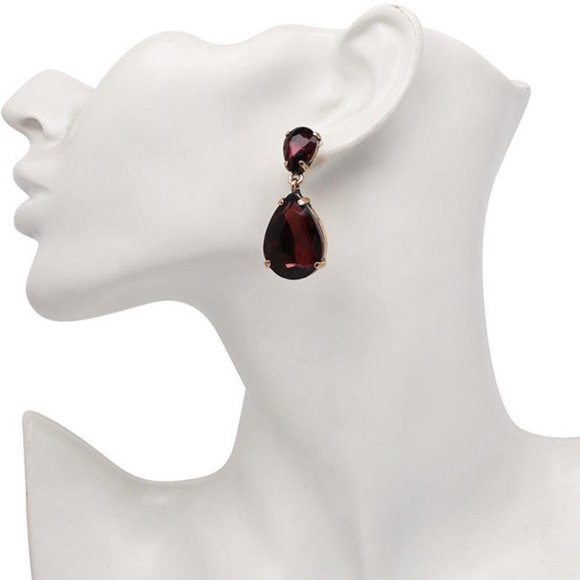 wine red teardrop gem crystal dangle earrings prom pageant party jewelry - Picture 1 of 3